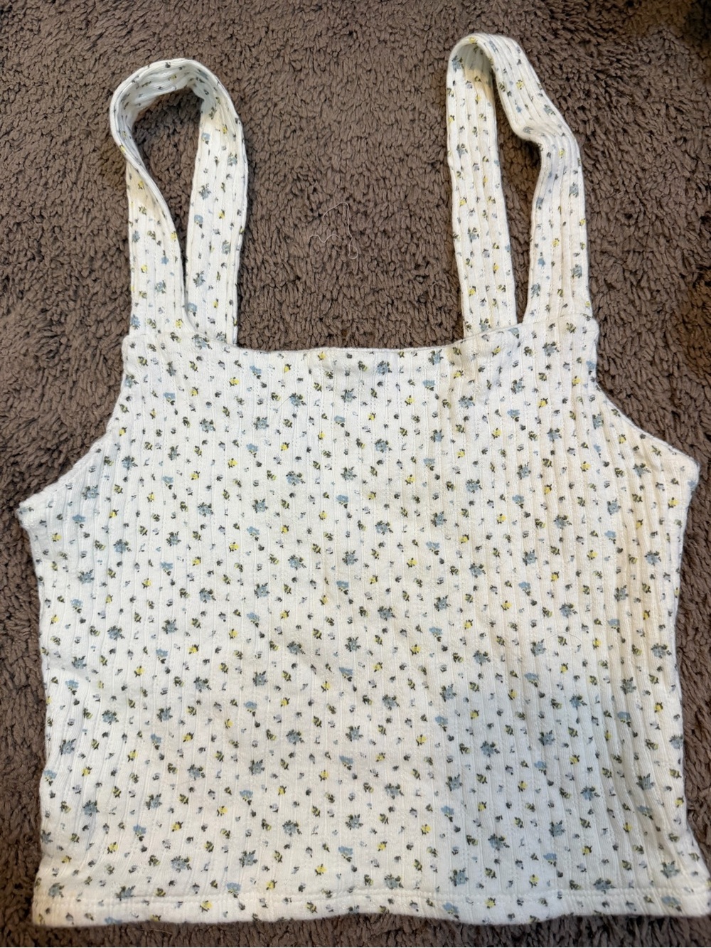 American Eagle Outfitters White Ribbed Floral Tank with Blue and Yellow Print